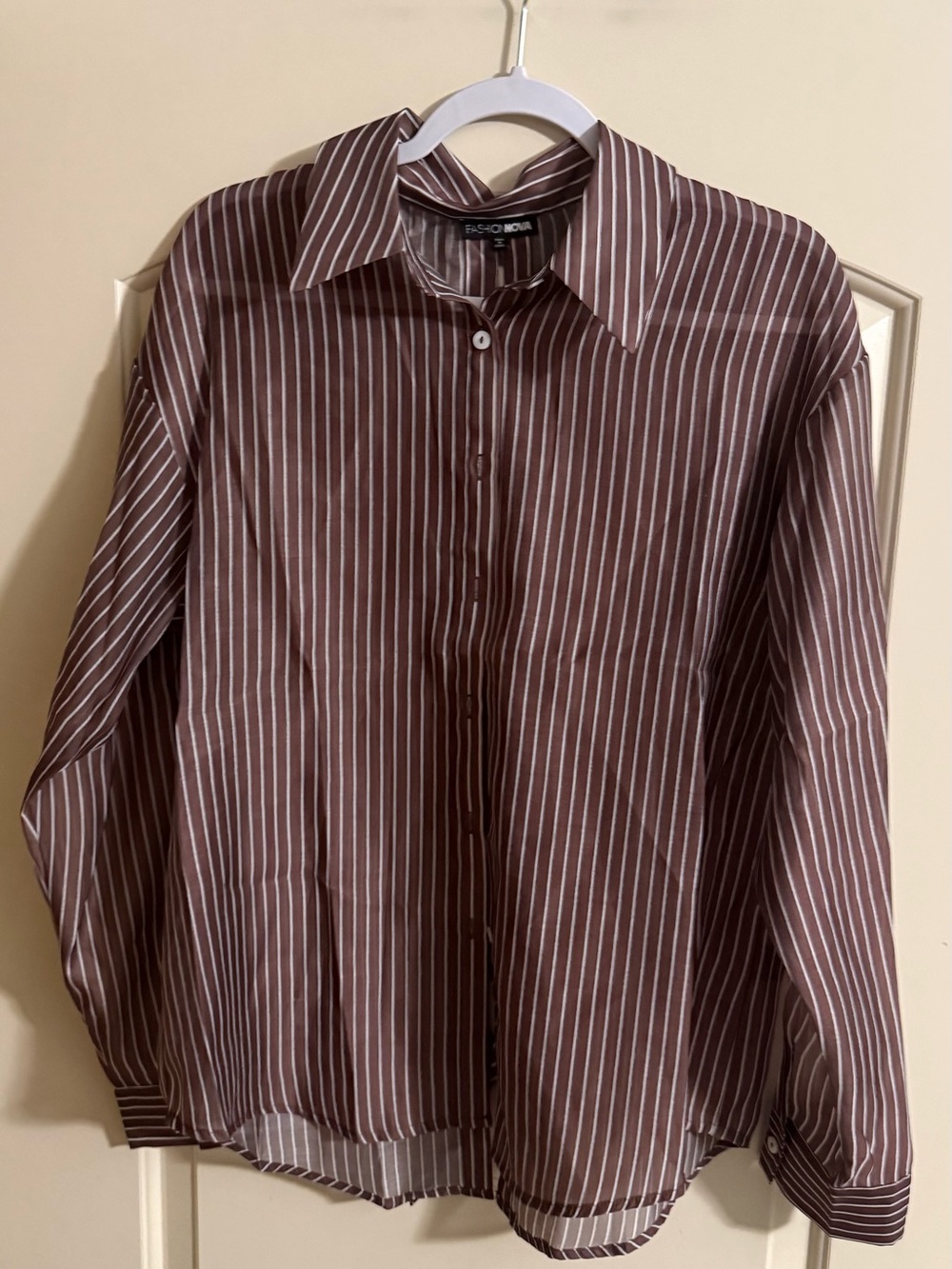Brown and White Striped Button-Down Shirt